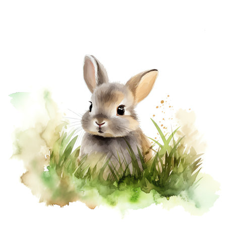 Generative AI : Funny little rabbit among Easter eggs in velour grass isolated on whiteの素材