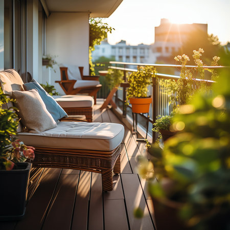Generative AI : Garden furniture on the terrace on sunny dayの素材