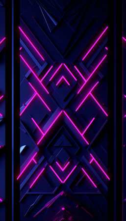 Generative AI : Geometric shape neon light wooden violet background Illuminated futuristic wall Abstract architecture frame design minimalistic interior science fiction contrast coの素材
