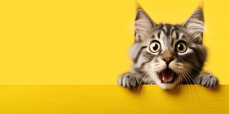 Generative AI : Funny gray kitten and smiling dog on trendy yellow background Lovely fluffy cat and puppy of Shih tzu pug breed climbs out of hole in colored background Wide angleの素材