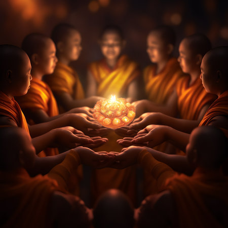 Generative AI : Glittering light and shines through hands of women raise hands touching world to pray for Gods blessings and sunset background mind sanctification concepts and pureの素材