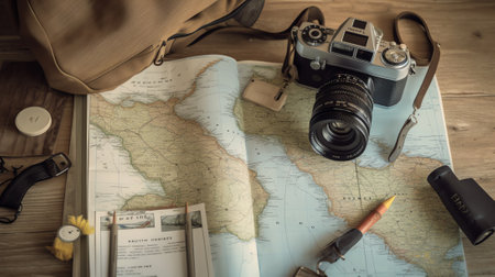 Generative AI : Go on an adventure The map and the camera on a wooden table Top viewの素材