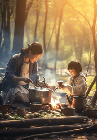 Generative AI : Good morning Cooking food during camping at natural park in Thailand Recreation and journey outdoor activity lifestyleの素材