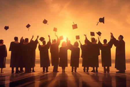 Generative AI : Graduates of the University businessman holding hats along with success filter tone outdoor sunny in the morning office background New graduate start working on theの素材