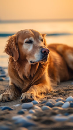 Generative AI : Golden retriever sitting on the sand beach of the Baltic Sea Concept for the summer adventures of purebreed dog at the seaside vacationの素材