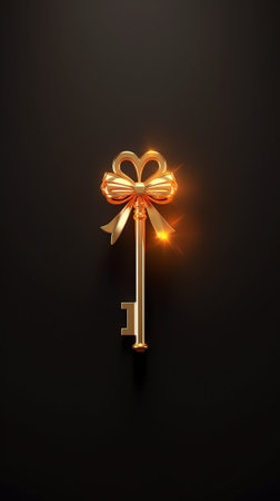 Generative AI : Golden key with glowing lights and dark background wisdom wealth and spiritual conceptの素材