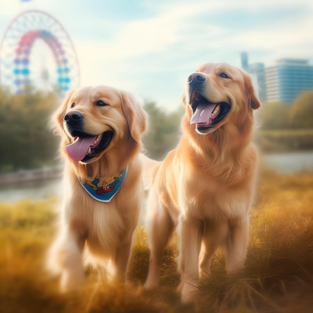 Generative AI : Golden Retriever and British Shorthair accompany their ownerの素材