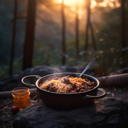 Generative AI : Good morning Cooking food during camping at natural park in Thailand Recreation and journey outdoor activity lifestyleの素材