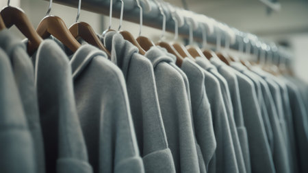 Generative AI : Gray clothing on the hangersの素材