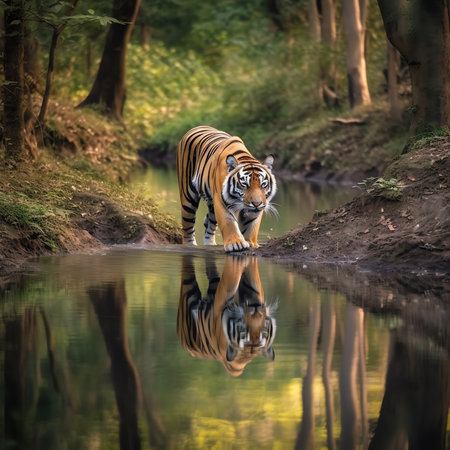 Generative AI : Great tiger male in the nature habitat Tiger walk during the golden light time Wildlife scene with danger animal Hot summer in India Dry area with beautiful indianの素材