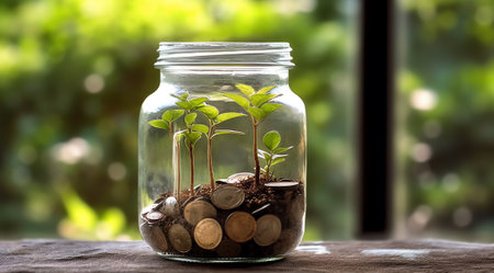 Generative AI : Green plant growth in coin jarの素材