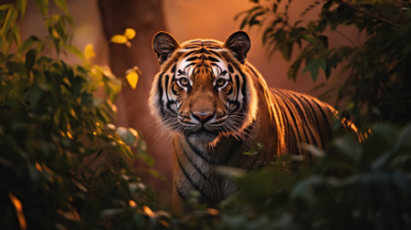 Generative AI : Great tiger male in the nature habitat Tiger walk during the golden light time Wildlife scene with danger animal Hot summer in India Dry area with beautiful indianの素材