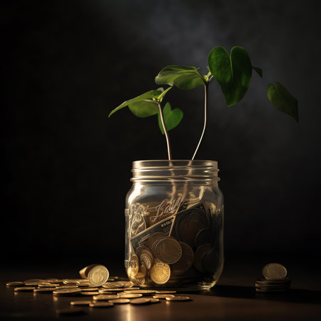 Generative AI : Green plant growth in coin jarの素材