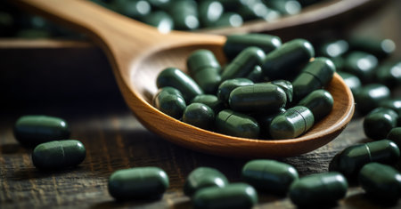Generative AI : Green powder chlorella spirulina on gray concrete background Concept dieting detox healthy superfood which contains protein Copy spaceの素材