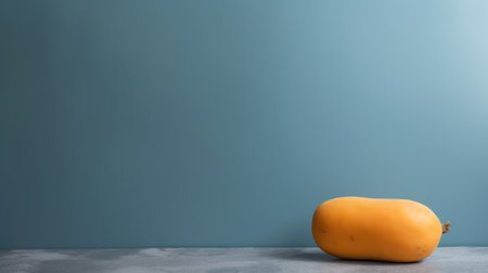 Generative AI : Halved orange pumpkin on blue background Vibrant Neon Colors Conceptual food minimal conceptの素材