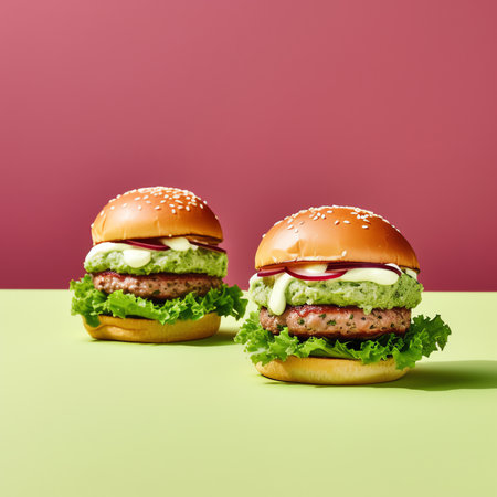 Generative AI : Green broccoli and quinoa burgers served with lettuce and microgreens Tasty vegan food closeupの素材