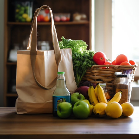 Generative AI : Grocery shopping app and grocery bag full of goods online grocery shopping and home delivery concept copy spaceの素材