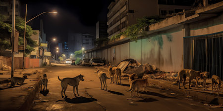 Generative AI : Halfadozen stray street dogs roaming in a residential area in north Indiaの素材