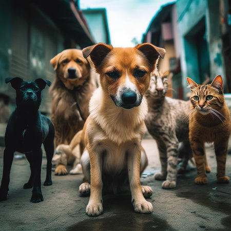 Generative AI : Halfadozen stray street dogs roaming in a residential area in north Indiaの素材