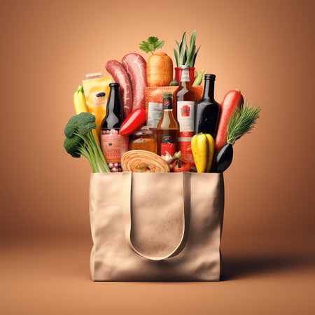 Generative AI : Grocery shopping app and grocery bag full of goods online grocery shopping and home delivery concept copy spaceの素材