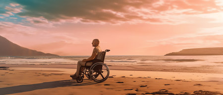 Generative AI : Handicapped disabled scuba diver with equipment on a beach shore looking at seaの素材
