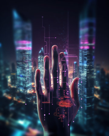 Generative AI : Hand touching the metaverse Internet digital transformation next generation of technology era virtual reality social media platform Business background double exposの素材