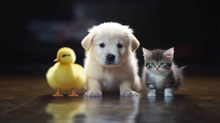 Generative AI : Group of pets together outdoors in summer Little kitten dog andducklingsの素材