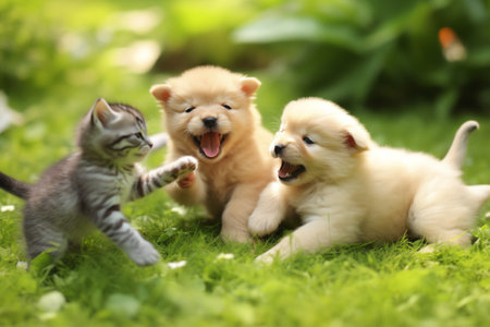 Generative AI : Group of pets together outdoors in summer Little kitten dog andducklingsの素材
