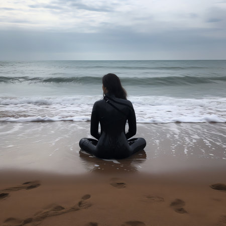 Generative AI : Handicapped disabled scuba diver with equipment on a beach shore looking at seaの素材