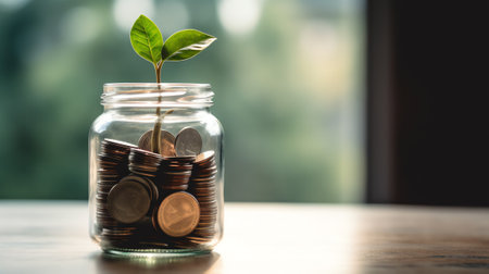 Generative AI : Hand put money coin in glass jar and plant growth Concept of Money savings investment making money for future financial wealth managementの素材