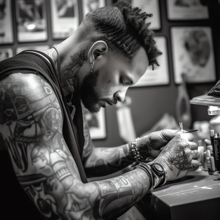 Generative AI : Hand of a professional tattoo artist and a tattoo gunの素材