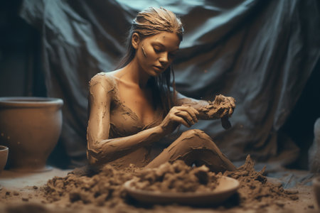 Generative AI : Hands of female artist scraping the dried clay sculpture using scraping tools Crafting artwork and handmade concept Top viewの素材