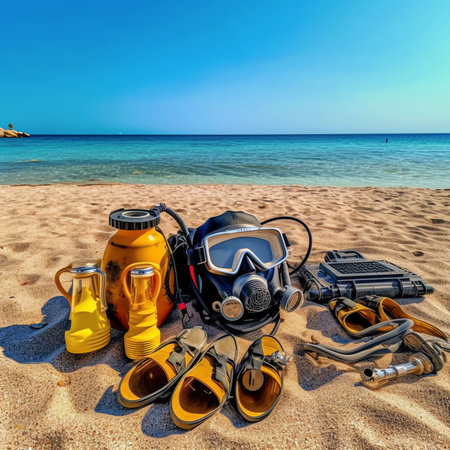 Generative AI : Handicapped disabled scuba diver with equipment on a beach shore looking at seaの素材