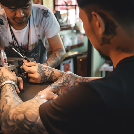 Generative AI : Hand of a professional tattoo artist and a tattoo gunの素材