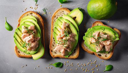 Generative AI : Healthy avocado toasts with rye bread sliced avocado cheese pumpkin nut and sesame for breakfast or lunch Vegetarian food Vegan menu Food recipe background Close upの素材