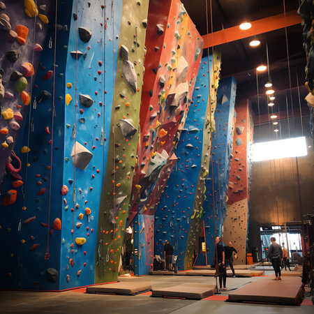 Generative AI : High angle view of various bouldering walls with color coded grips in gym for training and practice of fresh climbers mountaineers with cushioned floorの素材