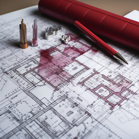 Generative AI : High angle view on architectural plans Architectural design projects concept Paper architectural drawings and blueprintの素材