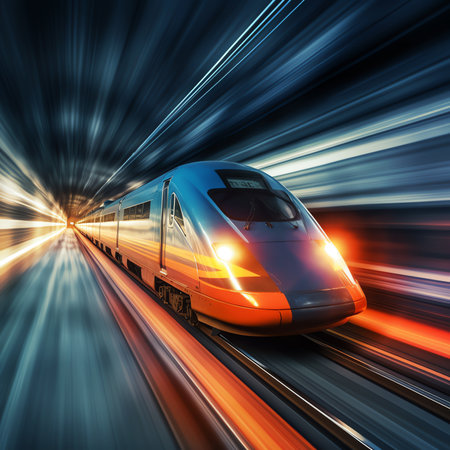 Generative AI : High speed train in motion on the railway station at sunset Modern intercity passenger train with motion blur effect on the railway platform Industrial Railroad inの素材