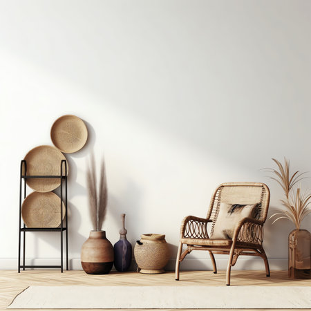 Generative AI : Home decor concept Comfortable wicker furniture rattan armchair with cushions bamboo coffee table and macrame on white wall in cozy living room with ethnic interiorの素材
