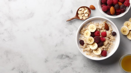 Generative AI : Homemade granola muesli with oatmeal nuts flaxseed cornflakes fresh red apple cinnamon and yogurt Delicious healthy breakfast on a white plate on a marble backgrounの素材