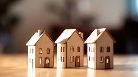 Generative AI : Housing for families Close up of wooden figurines of family with children and model of small onestory house Miniature figurines made of light wood stand on table inの素材