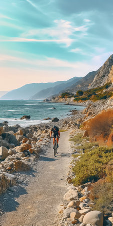 Generative AI : In this picture we see an individual using a mountain bike to stay fit and active on an island The scenery around the rider is breathtaking with a mix of sandy beacの素材