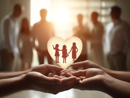 Generative AI : I love you Mom Mothers Day celebration with woman parent holds young kids hands supporting red heart gift csr charity donation parenting or children adoption familyの素材