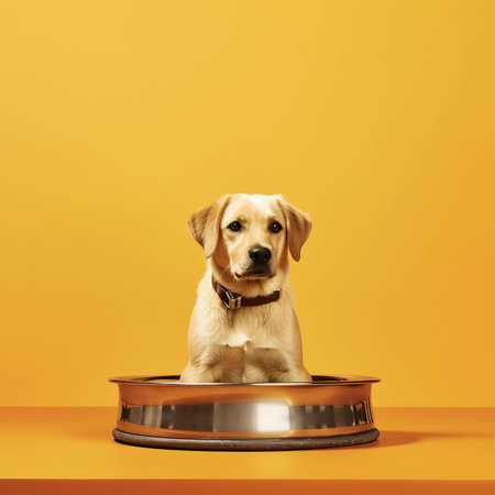 Generative AI : Hungry or thirsty dog fetches metal bowl to get feed or waterの素材