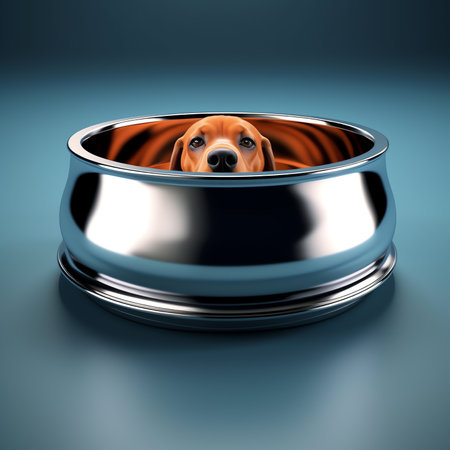Generative AI : Hungry or thirsty dog fetches metal bowl to get feed or waterの素材
