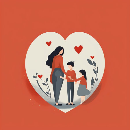 Generative AI : I love you Mom Mothers Day celebration with woman parent holds young kids hands supporting red heart gift csr charity donation parenting or children adoption familyの素材
