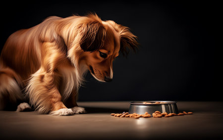 Generative AI : Hungry or thirsty dog fetches metal bowl to get feed or waterの素材