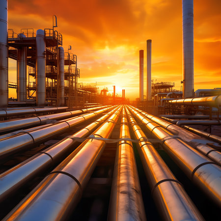 Generative AI : Industrial zoneThe equipment of oil refiningCloseup of industrial pipelines of an oilrefinery plantDetail of oil pipeline with valves in large oil refineryの素材