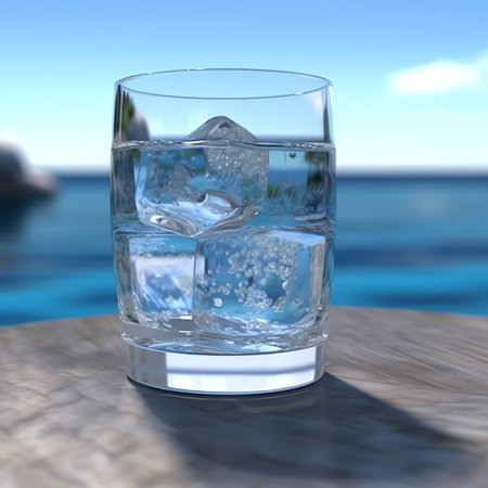 Generative AI : Ice cubes in a glass with crystal clear water on a blue background Refreshing and healthy water on hot daysの素材