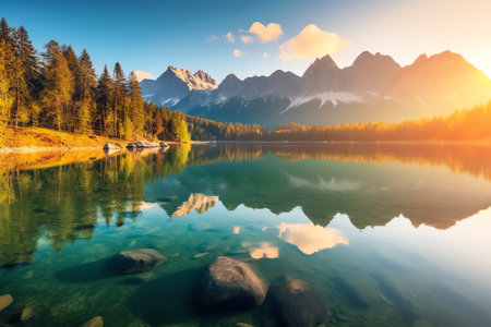 Generative AI : Impressive Autumn landscape during sunset The Fusine Lake in front of the Mongart under sunlight Amazing sunny day on the mountain lake concept of an ideal restingの素材
